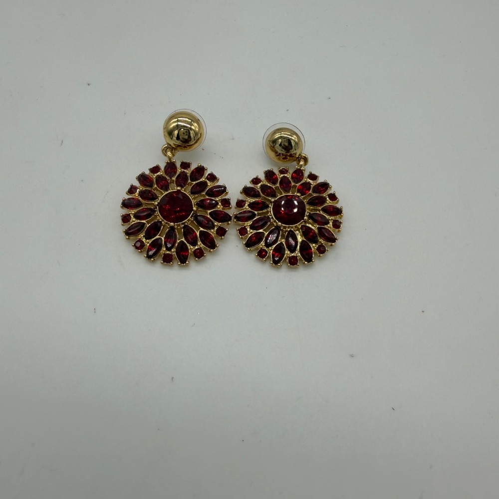 Talbots Red Rhinestone Sunburst Drop Earrings Gold Tone Statement Floral